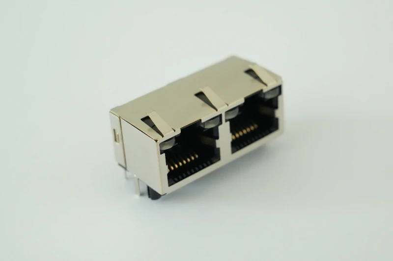 1×2-port down-folding shielded 8P8C RJ45 connector
